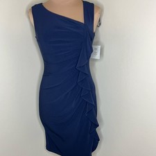 Suzi Chin for Maggy Boutique Dress 4 Womens Blue Asymmetric Neck Ruffle Sheath