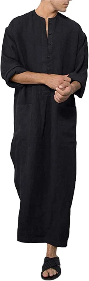 Bata de caftán con botones de algodón para hombre - Vestido de tobo manga larga - Camisa de playa informal Foto 2 de 4