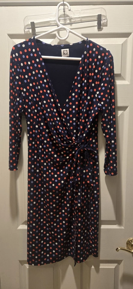 Vestido Anne Klein para mujer XL imitación envoltura lunares manga larga azul blanco cuello en V Foto 2 de 4