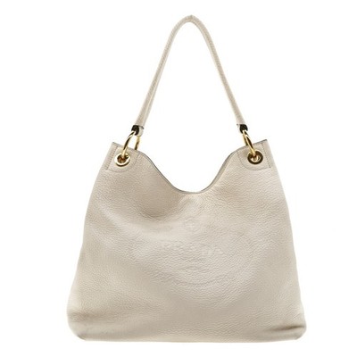Prada Hobo Shoulder Bag White Leather Embossed Logo