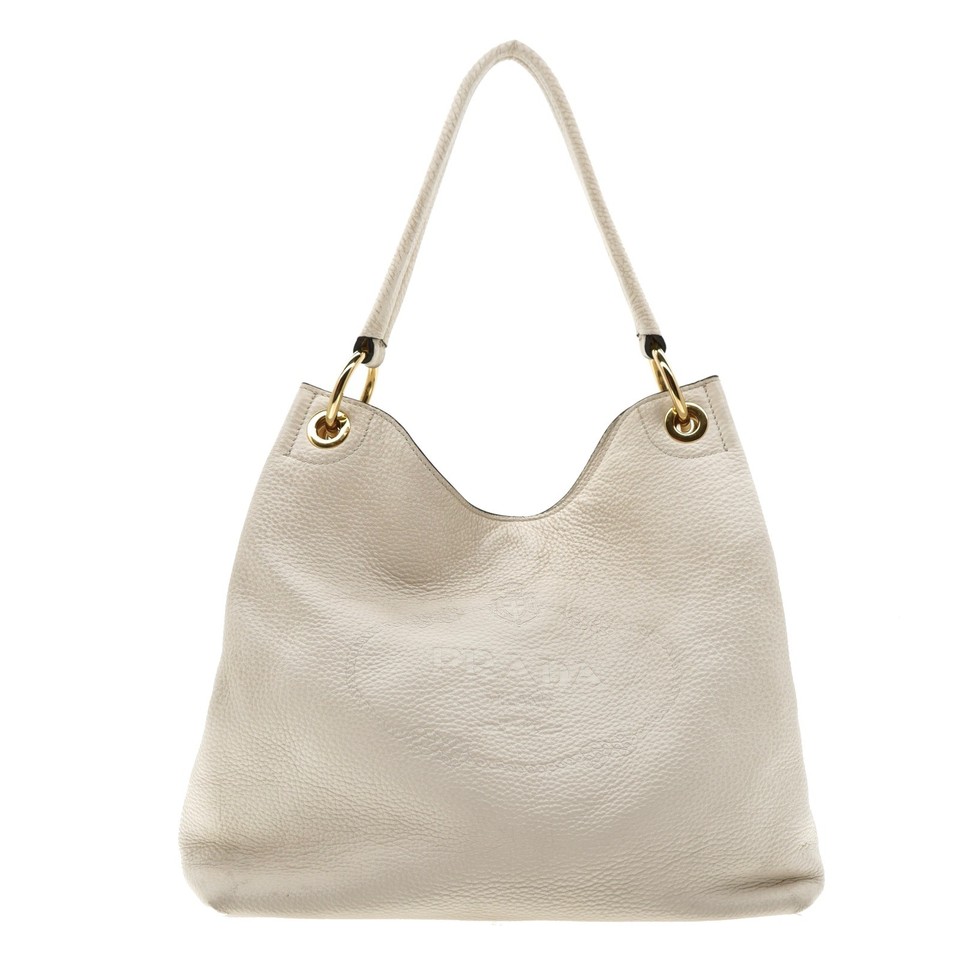 Prada Hobo Luxury Shoulder Bag White Leather Embossed Logo