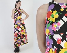 Vtg White Cotton Sundress Barkcloth Hawaiian Open Back Tiki Luau Maxi Dress