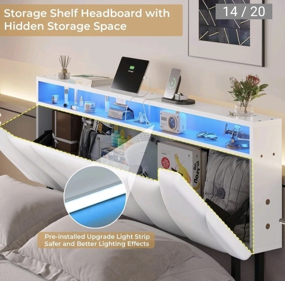 Marco de cama flotante Queen con cabecero de almacenamiento oculto y luces LED Foto 3 de 4