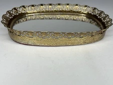 Vanity Tray Mirror Filigree Brass Oval Bathroom Perfume Country French Cottage