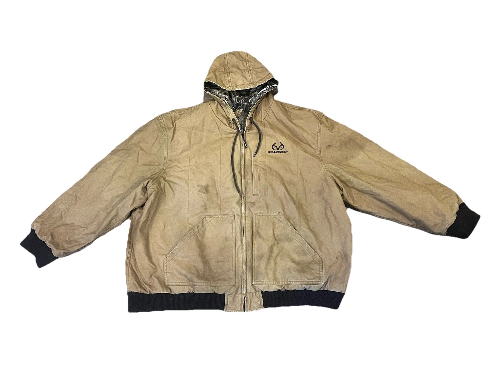 Realtree Mens Jacket 3XL Tan & Camo Canvas Durable Hooded Barn Workwear
