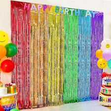 2 Pack Rainbow foil Fringe Backdrop Curtains, 3.3x6.6FT Rainbow Party Decoration