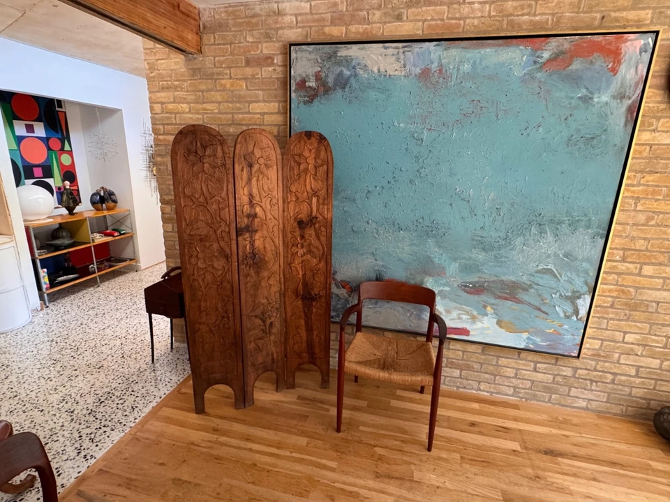 Estudio Mexicano Madera Tallada Sol Flor Panel Pantalla Plegable Divisor de Habitación De Colección Mcm Foto 3 de 4