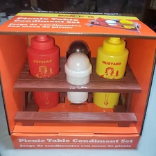 Picnic Table Condiment Set Waitress Ketchup Mustard Bottle Salt & Pepper NIB