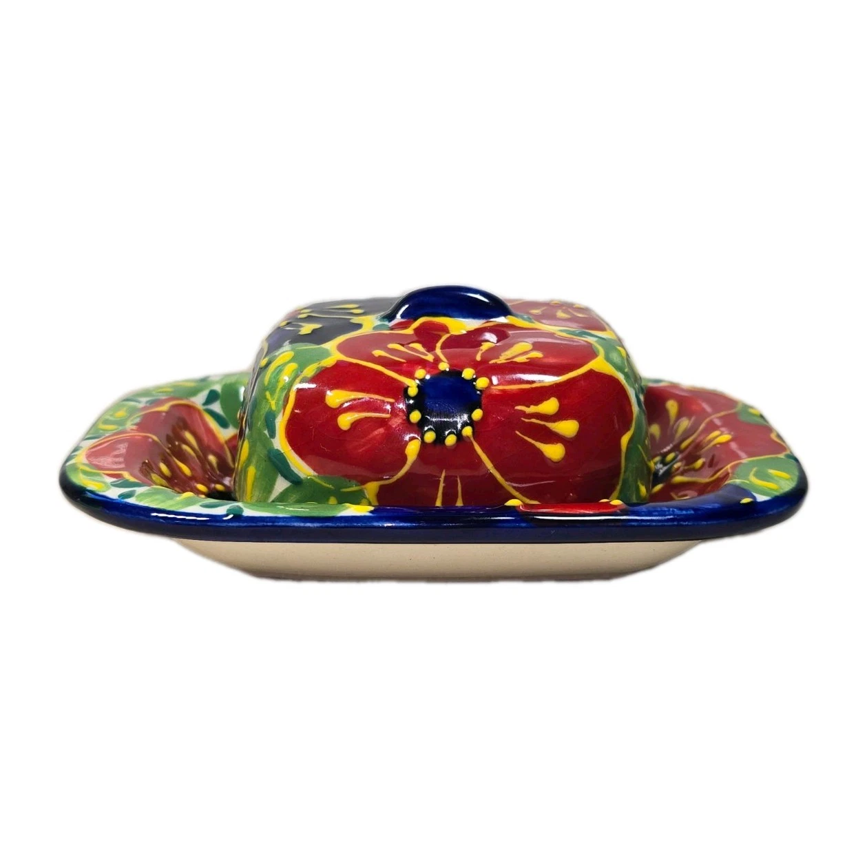 MALLORCA BUTTER TRINKET DISH WITH LID SPAIN EARTHENWARE HAND PAINTED TALAVERA