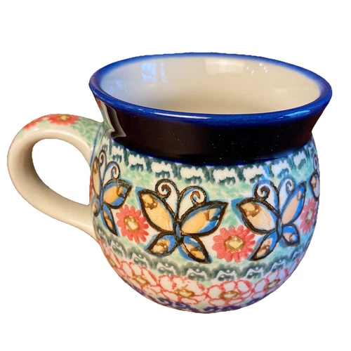 Unikat Polish Pottery Bubble Mug J. Okraska #1828 Floral Butterfly