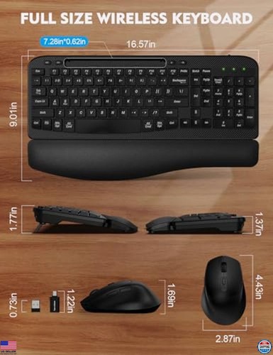 Wireless Ergonomic Keyboard & Mouse Combo, Cushioned Palm Rest, 2.4G Cordless - 第 4/6 張圖片
