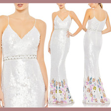 NWT$798 Mac Duggal [ 8 ] Spaghetti Strap Floral Embellished Hem Gown White G1994