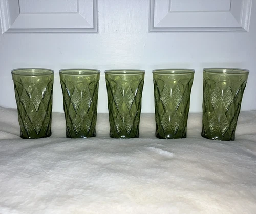 5 Set Vtg Fire King/AH  Avocado Green Gemstone Kimberly Diamond 5 1/4" Glass