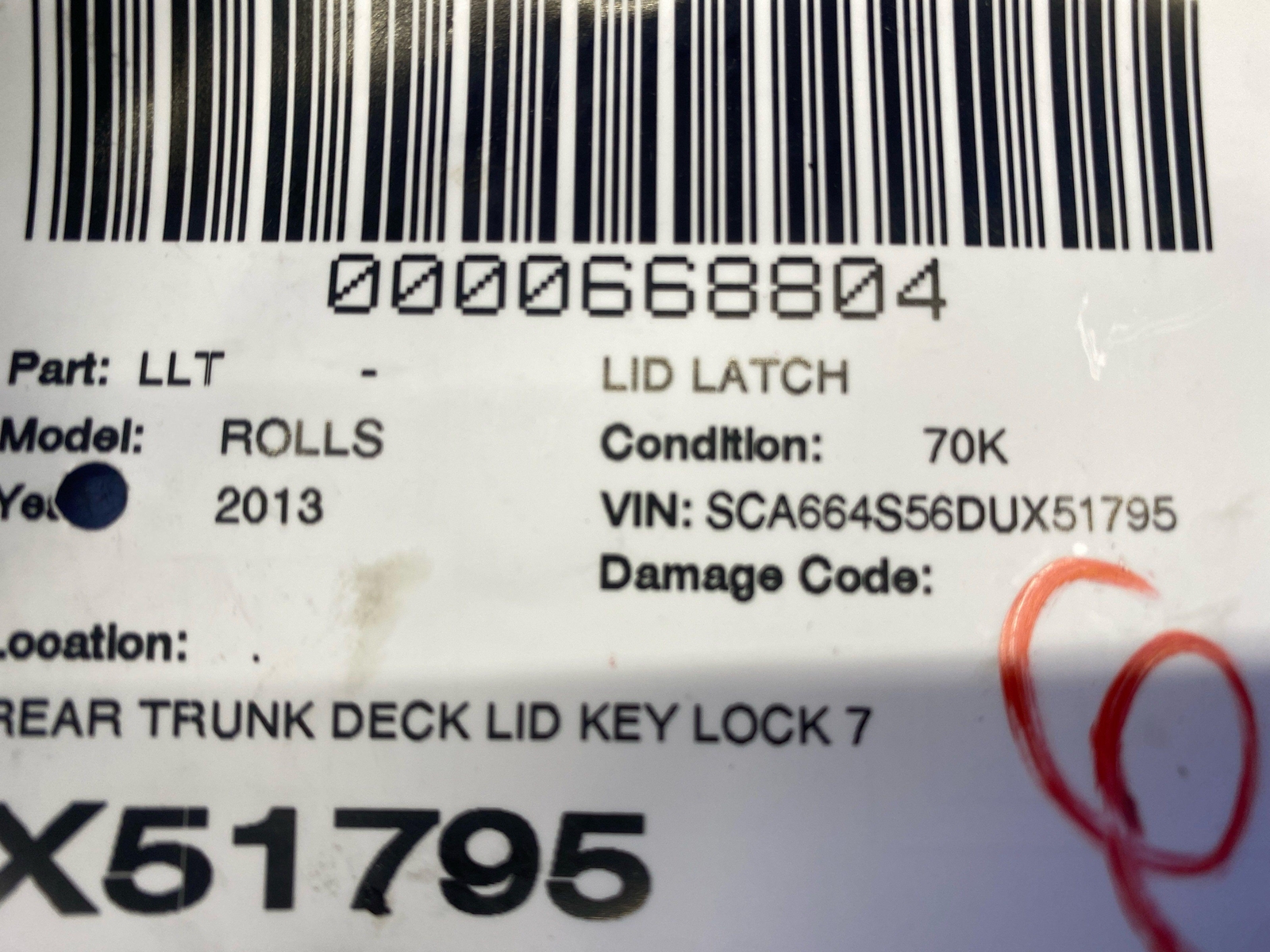 2009-2014 ROLLS ROYCE GHOST REAR TRUNK DECK LID KEY LOCK 7194181 OEM