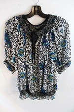 Nicole Miller Blue Floral Festival Bohemian Lightweight Sheer Blouson Blouse XL