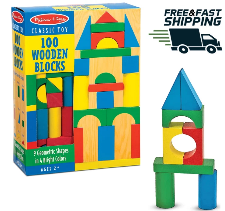 Melissa & Doug Wooden Building Set - 100 Blocks in 4 Colors and 9 Shapes