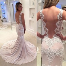 Pink Tulle Mermaid Wedding Dresses Sleeveless Backless Applique Bridal Gowns