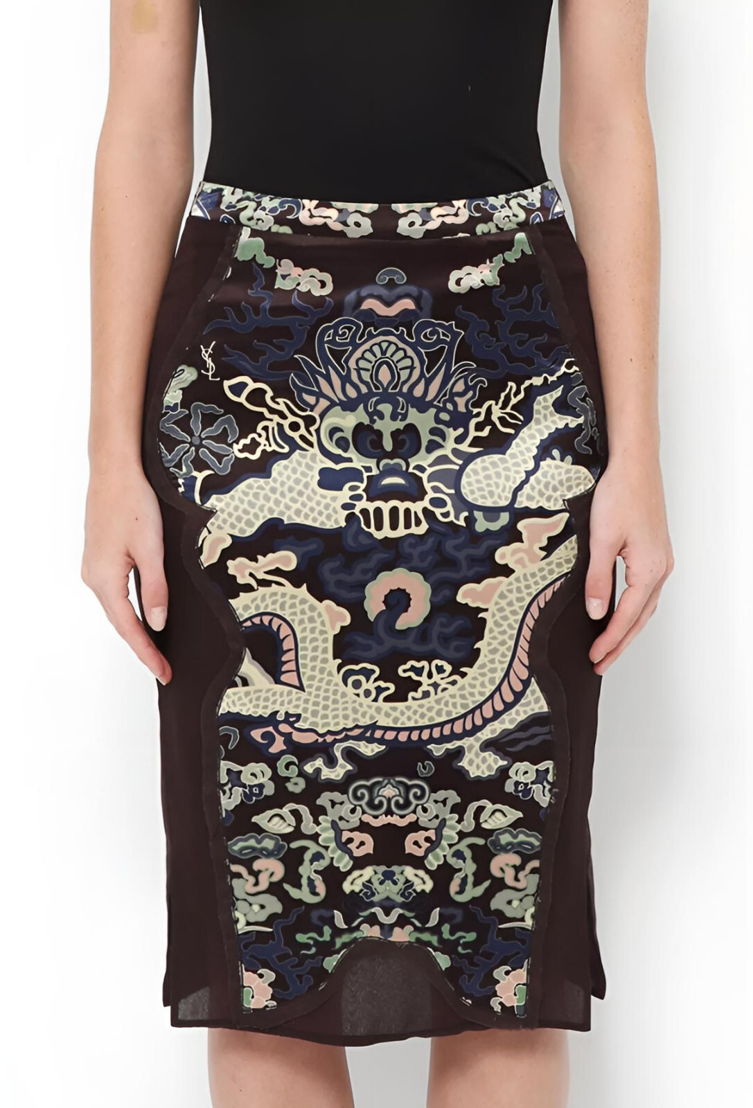 Gonna di seta vintage Yves Saint Laurent di Tom Ford Chinese Dragon Pencil Sk...