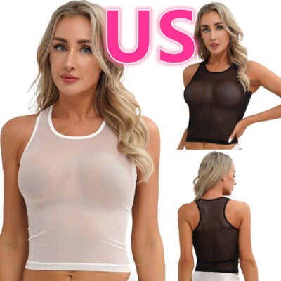 US Women Sheer Vest See-Through Crop Top Mesh Sexy Shirt Transparent Tops Blouse