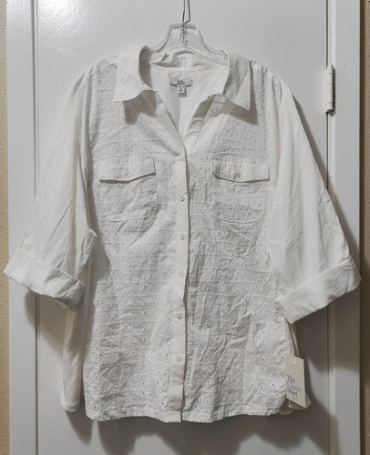 Croft & Barrow Women's White 3/4 Sleeve Eyelet Classic Button Up Shirt Size 2X