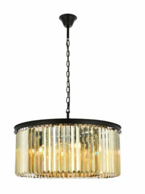 Golden Teak Crystal Chandelier Matte Black Foyer or Dining Room Light Fixture