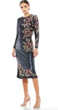 MAC DUGGAL 93624 SEQUINED ASYMMETRICAL FLORAL LONG SLEEVE MIDI MIDNIGHT DRESS 16