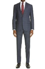 Emporio Armani G-Line Trim Fit Plaid Stretch Wool Suit in Blue Sz-48