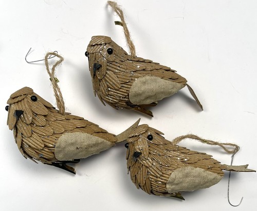 Lot 6 Bird Themed Rustic Holiday CHRISTMAS TREE ORNAMENTS Owl Birdhouse Beige - Picture 2 of 9