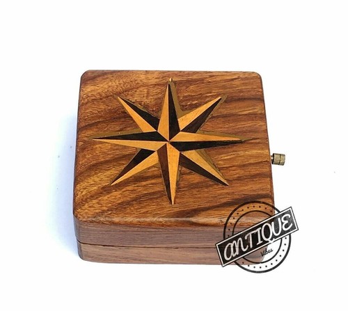 Vintage Table Watch Antique Design Wooden Desk Compass Brass Brown Clock GIFTS - Picture 3 of 5