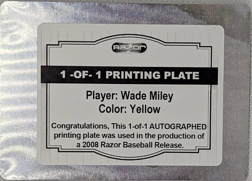 WADE MILEY 2008 Razor Rookie RC AUTO PRINTING PLATE #1/1 Red Sox Brewers Cubs of - Image 2 of 2