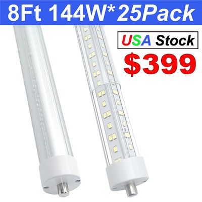 25 Pack 8FT LED Tube Light Bulbs 144W T8 Single Pin FA8 8' Led Shop Light No Rf