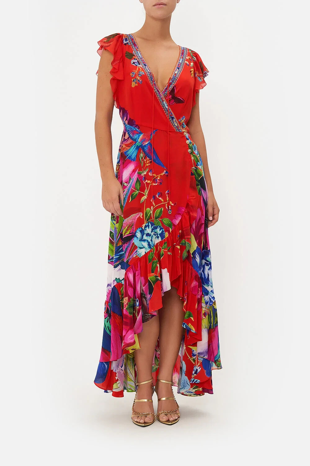 NEW $799 CAMILLA BIRDS OF FEATHER WRAP DRESS 100% SILK CRYSTALS M .