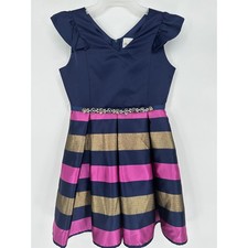 Rare Editions Girls Navy Pink Gold Striped Jeweled Party Dress Size 14