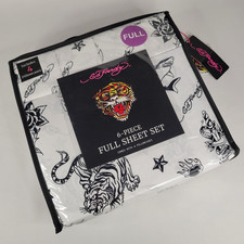 Ed Hardy FULL Sheets Set 6pc WHITE Tiger Shark Griffin Sword Mom Dad Tattoo Rose