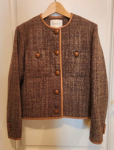 Women's Lafayette 148 Highlands Curry Wool Leather Trim Tweed Jacket Size Small - product listing photo