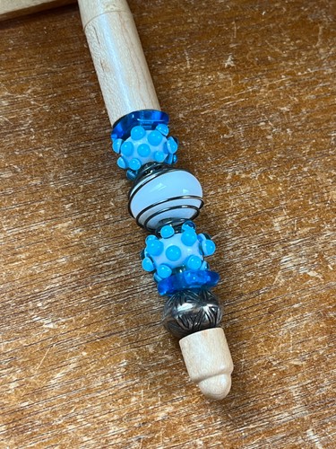 Handmade Wood Ink Writing Pen w Aqua Blue & White Fused Art Glass Beads - 6 inch - Picture 6 of 7