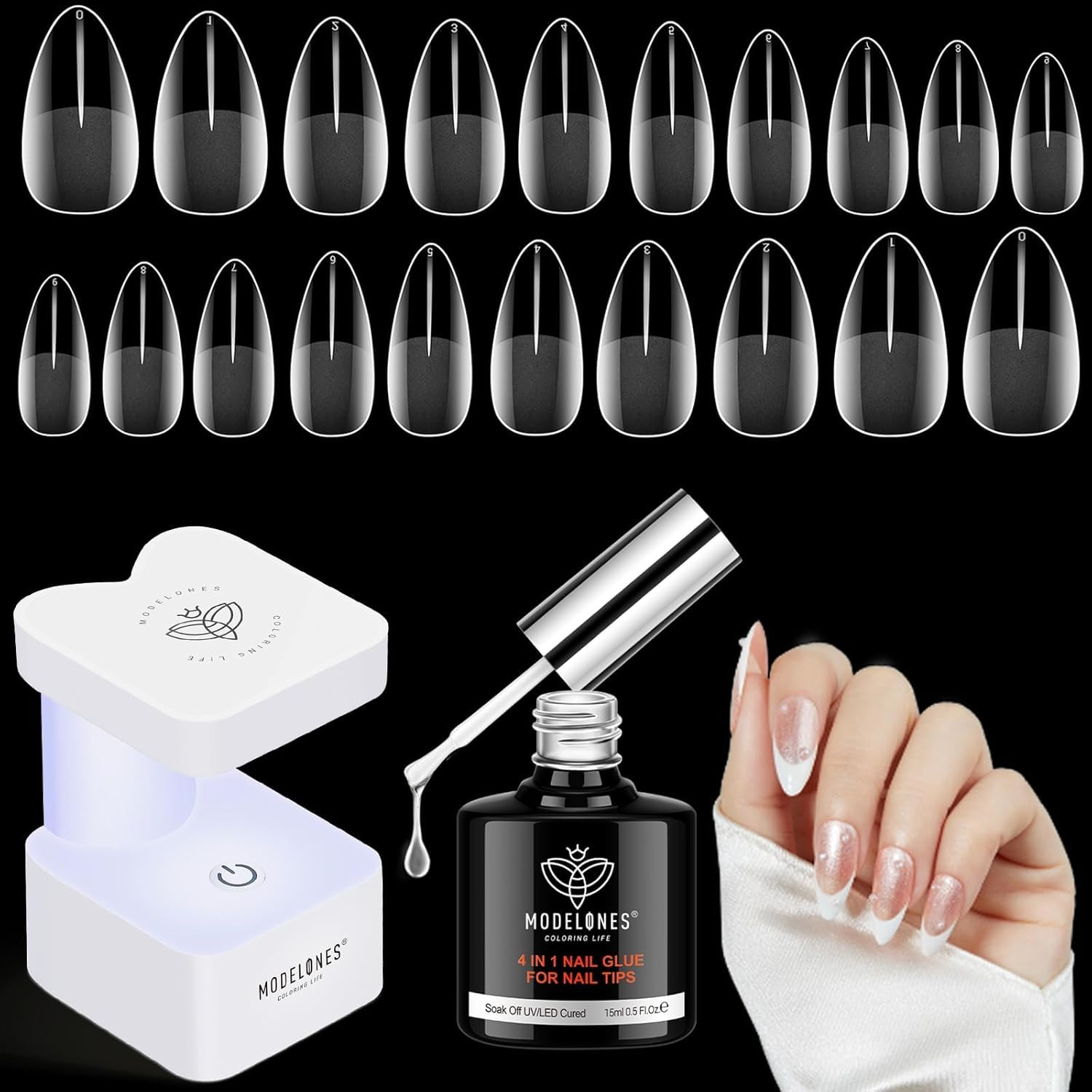 Capsule Américaine Ongle 500Pcs avec Lampe UV et Colle 4en1