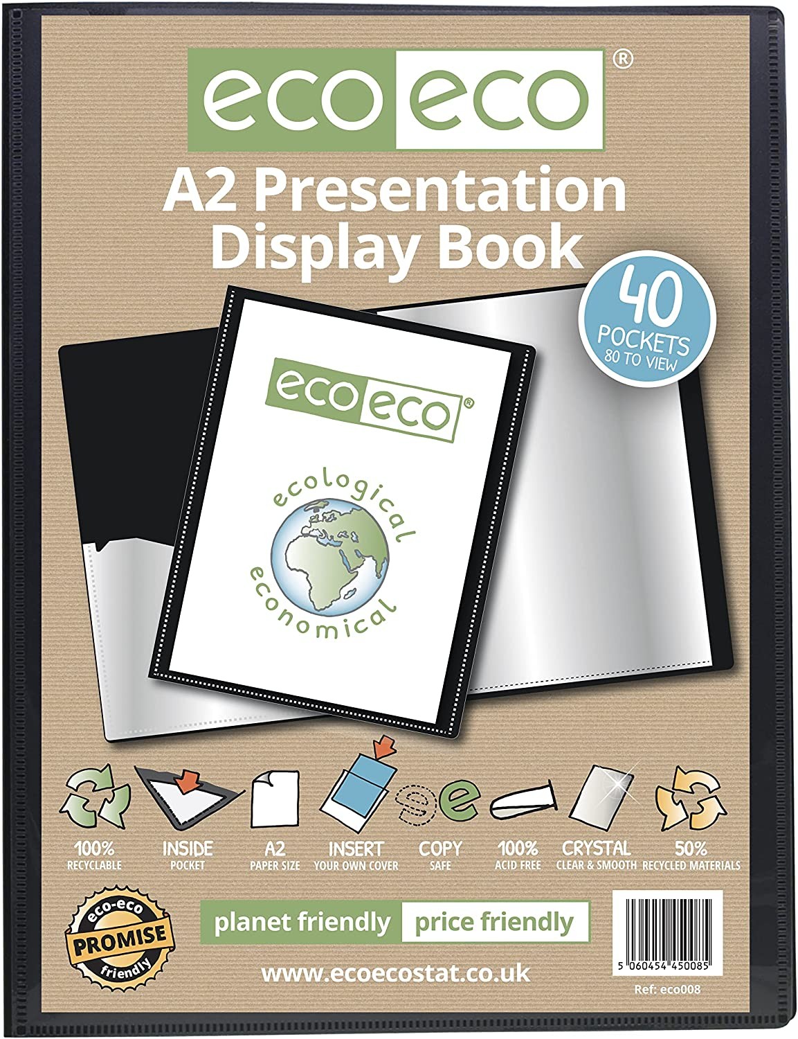 eco eco A2 40 Pocket Presentation Display Book 50% Recycled Black Filing Office