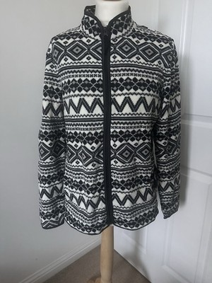 Talbots Damen Fair Isle Fleece schwarz weiß durchgehender Reißverschluss Gr. M nordischer Druck sehr guter Zustand