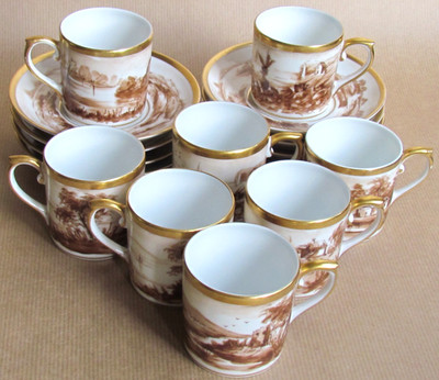 VISTA ALEGRE ACHT SEPIA & VERGOLDETE KAFFEE DEMITASSE TASSEN UND UNTERTASSEN (12326)