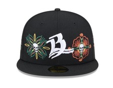 Bravos De Leon Hat Size 7 1/2 Day of the Dead Skull & Flowers New Era Fitted Cap
