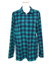 Lands End Fleece Pullover Top 1/4 Zip Navy Green Check Women s Size L/T 14-16