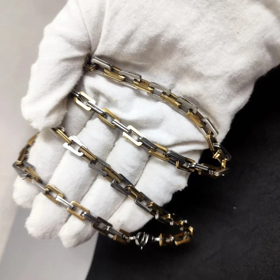 Cadena de eslabones de papel de acero inoxidable enchapado en dos tonos 14K para collar de hombre 21"x6 mm Foto 4 de 4