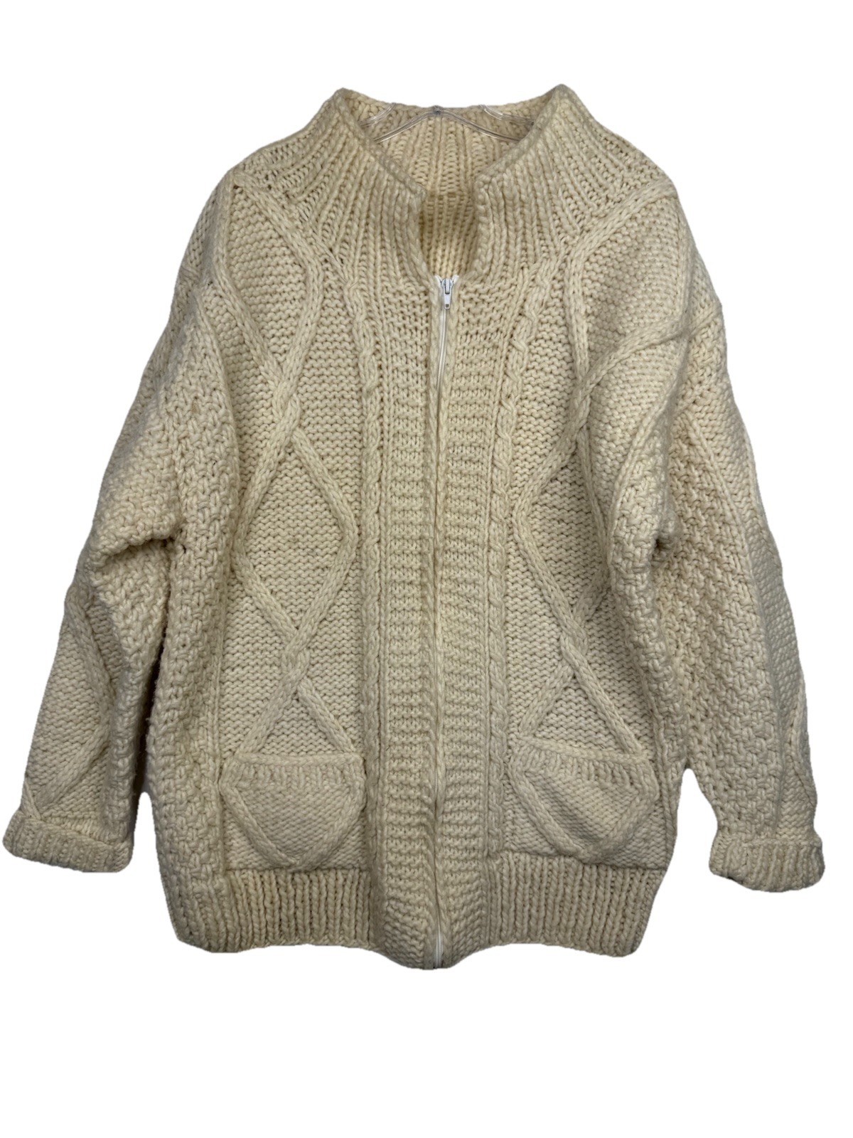 Vintage Hand Knit Chunky Wool Cream Full Zip Sweater Cardigan Cable Womens L/XL