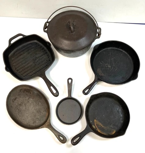 Lot Of Vintage Cast Iron Skillets & #38 Wagner Dutch Oven
