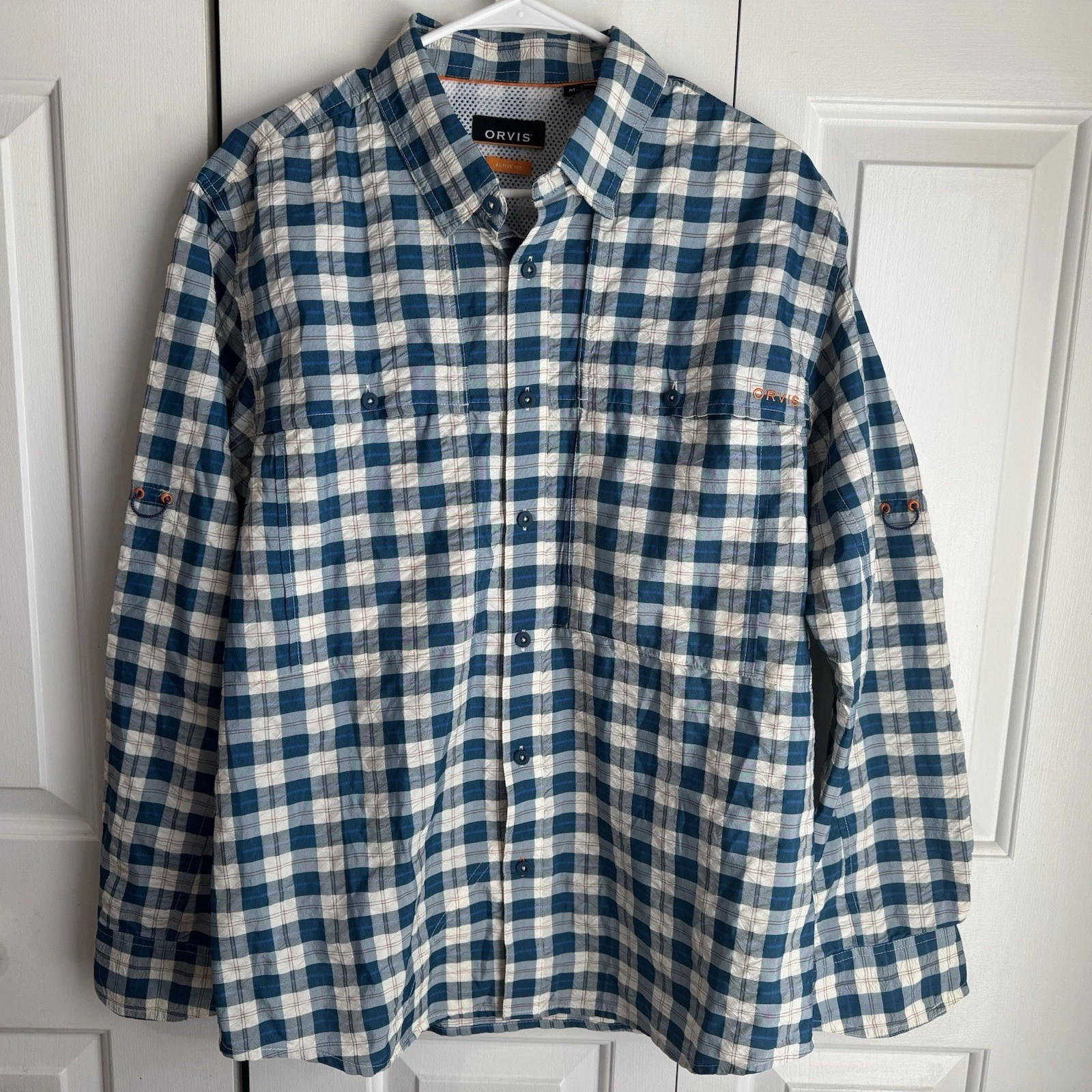 Orvis Shirt Mens Large Blue Active Fit Utility Fishing Pockets Hiking