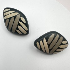 Vintage Y2K Silver Tone Black Beige Abstract Painted Oval Stud Earrings Jewelry