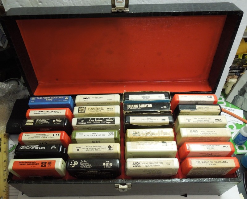 Lot of 24 vintage 8-track tapes with carry case Elvis, Moody Blues, Bread