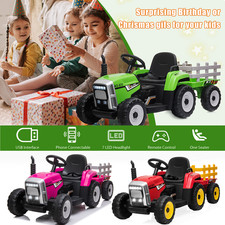 12V Kids Electric Ride On Tractor Toy w/ Trailer Remote Control Boys Grils Gift