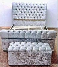 Stylish Sleigh Upholstered Bed in Crush Velvet Fabric All Color Sizes UK 3ft-6ft